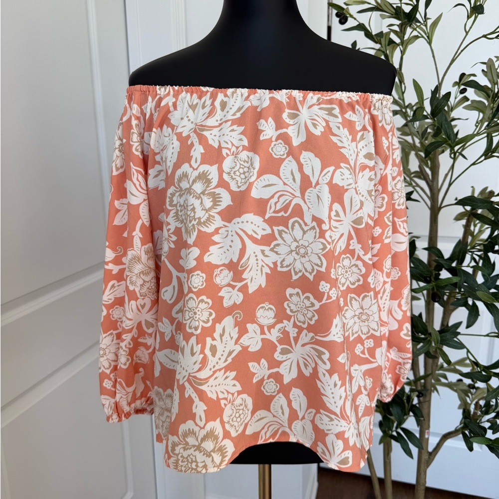 Ann Taylor Factory Floral Off-Shoulder Blouse - Coral and‎ White